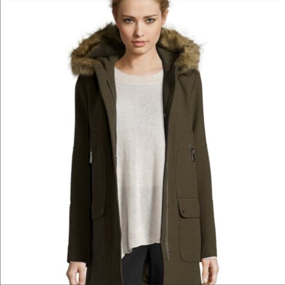 Vince Camuto wool blend basket weave faux fur edging in the hood - Picture 2 of 16